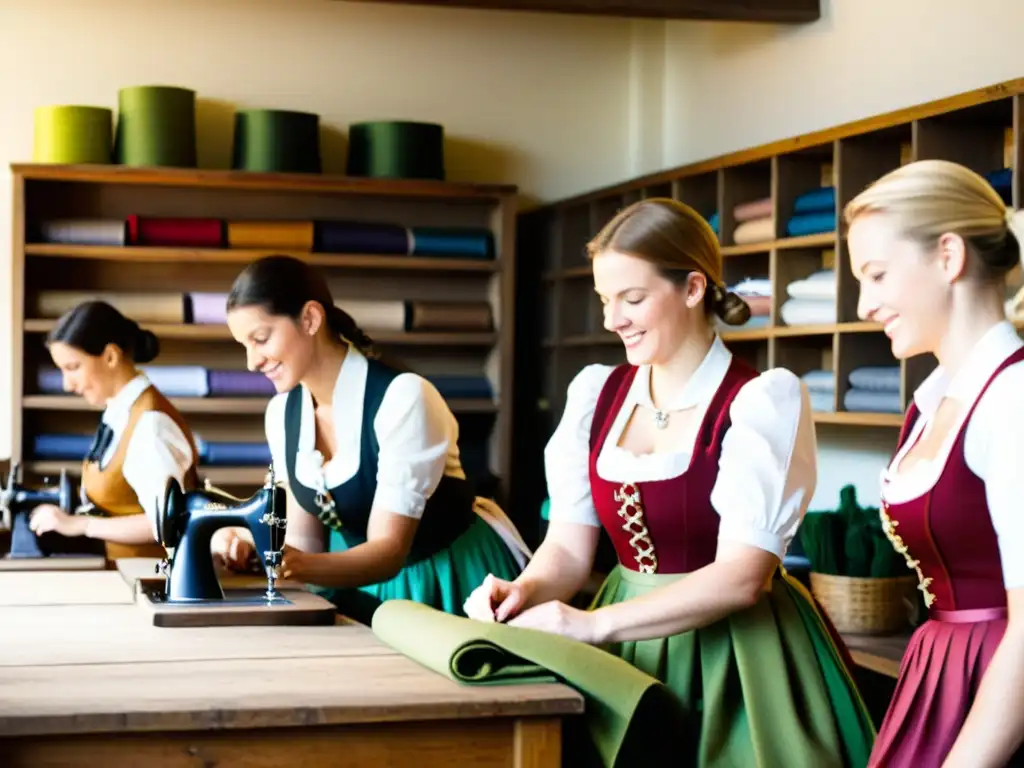 Artesanos cosiendo dirndls y lederhosen en taller soleado