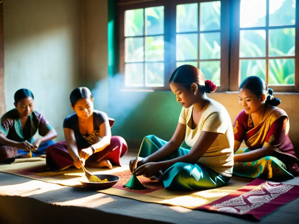 Artesanos trabajando en taller teñido batik Indonesia, rodeados de telas coloridas y diseños de cera