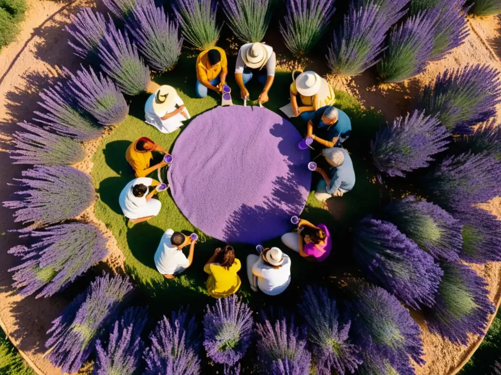 Artesanos en talleres de arte textil entre campos de lavanda en Provenza, creando belleza en contraste con la naturaleza púrpura