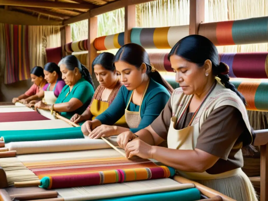 Artesanos tejedores de América Latina trabajando juntos en un taller tradicional, tejiendo coloridos patrones en telares de madera