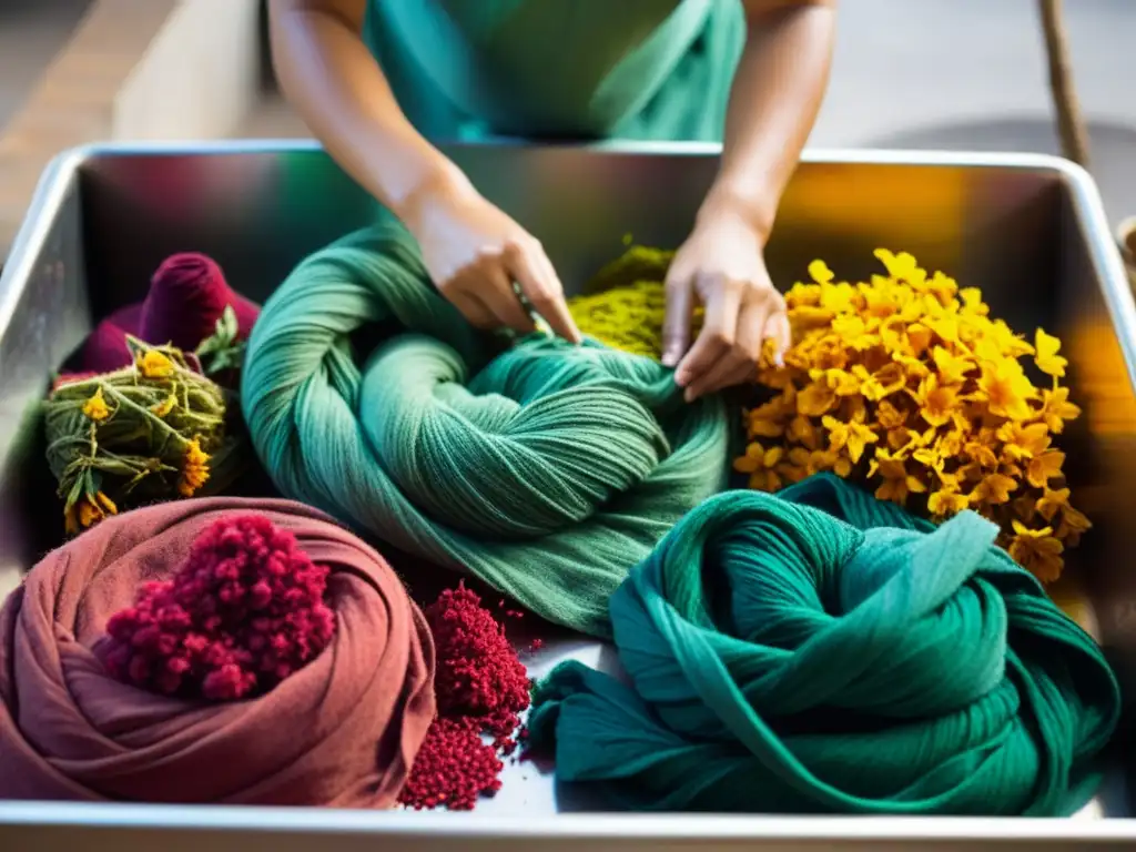 Artesanos sumergiendo tejidos en tintes botánicos, mostrando la rica y variada paleta de colores