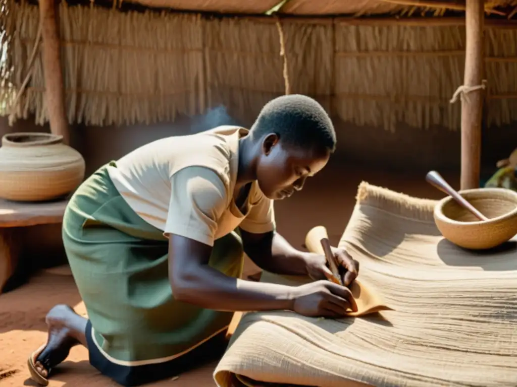 Artesanos en Uganda fabricando tela barkcloth con herramientas tradicionales en cálida atmósfera cultural