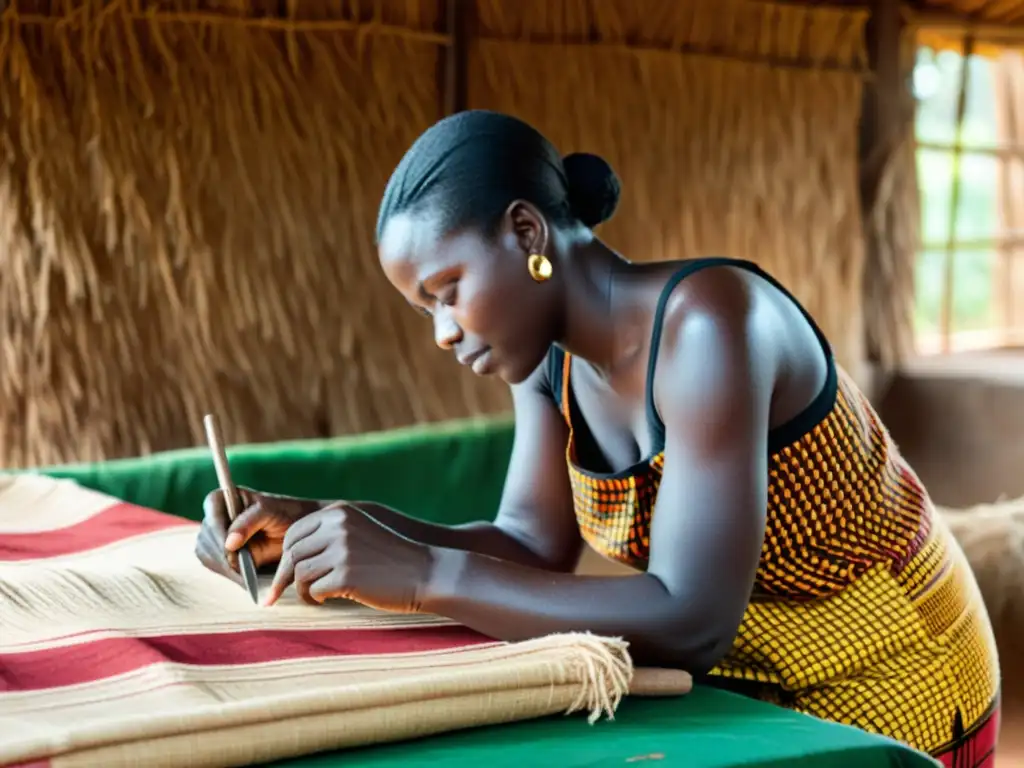 Artesanos en Uganda fabricando tela barkcloth con técnicas tradicionales en un taller rústico, destacando la rica herencia cultural y la artesanía