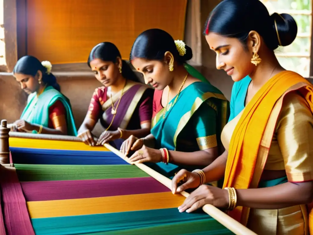 Artesanos tejiendo telas brocadas en India, proceso de creación con tradición y coloridos hilos bajo la cálido sol