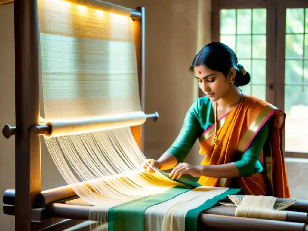 Artesanos tejiendo telas Chanderi en telares tradicionales, rodeados de hilos vibrantes y luz natural