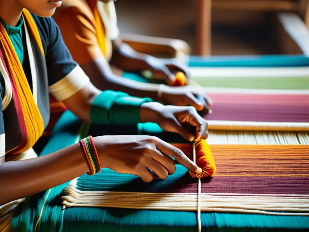 Artesanos tejiendo y tiñendo telas ikat con técnicas tradicionales