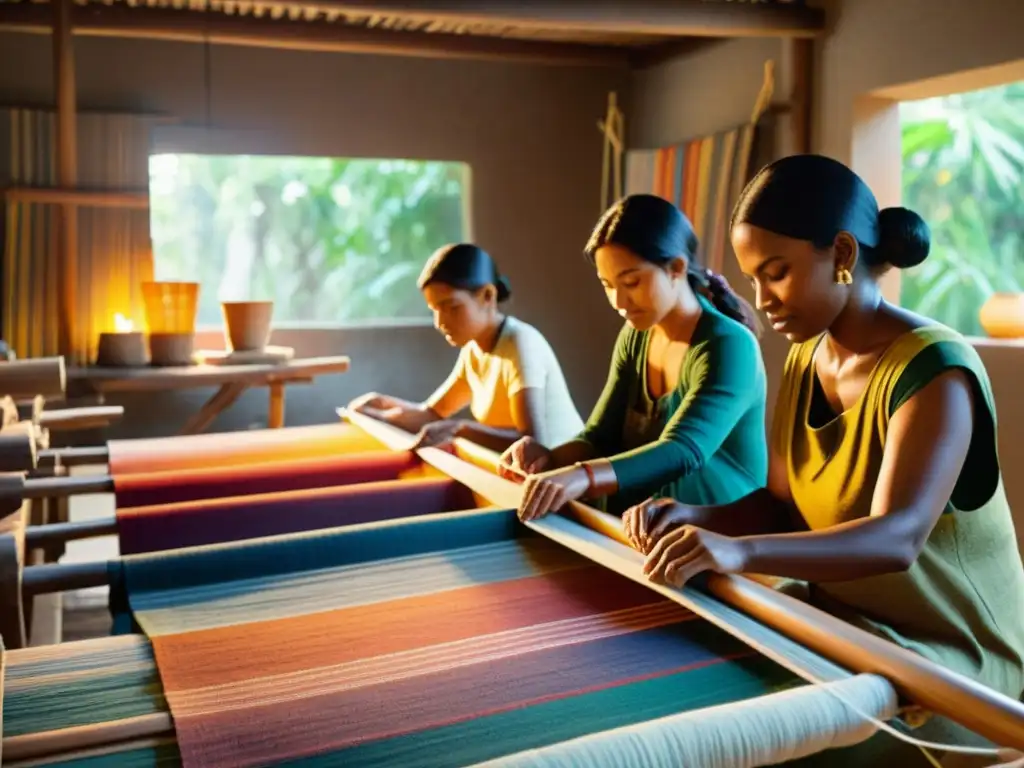 Artesanos tejiendo textiles sostenibles en un estudio rústico, con luz natural que realza la belleza de los patrones y texturas