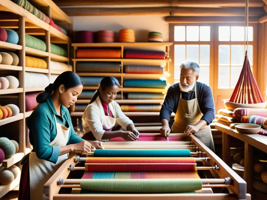 Artesanos tejiendo textiles en un taller rústico y soleado, con impacto económico en comunidades tejedoras