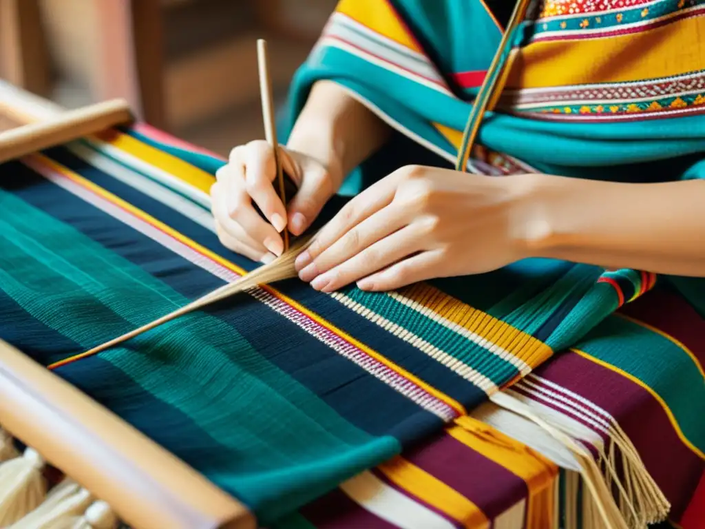 Artesanos tejiendo textiles tradicionales con respeto en el licenciamiento de patrones culturales, en una escena bañada por cálida luz natural