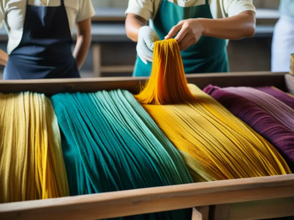 Artesanos aplicando tintes botánicos a telas, resaltando la importancia de la botánica en la coloración de tejidos