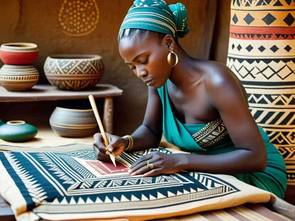 Artesanos tribales africanos creando estampados tradicionales con tintes naturales y bloques de madera