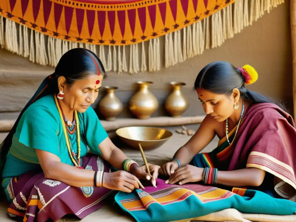 Artesanos tribales creando patrones étnicos con detalles intrincados y colores vibrantes, rodeados de símbolos culturales