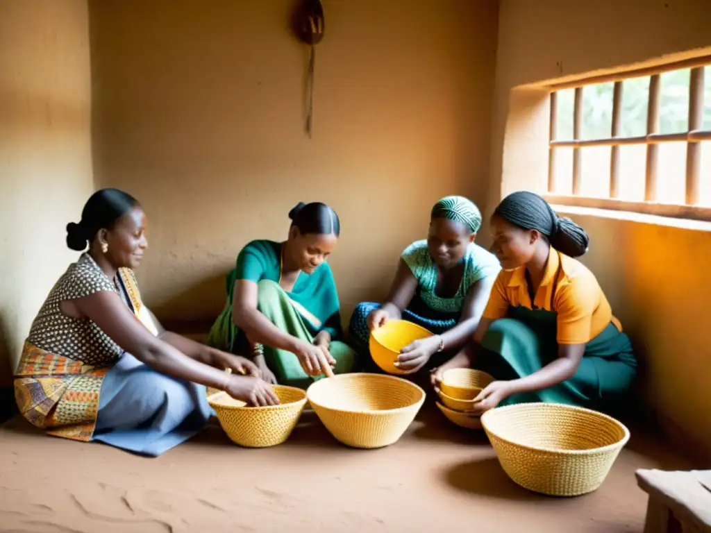 Artesanos Tutsi tejiendo cestas con destreza en un taller tradicional, resurgimiento del tejido de cestas Tutsi