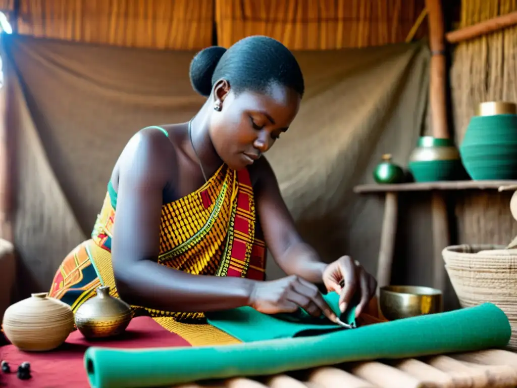 Artesanos ugandeses elaborando tela barkcloth con meticulosidad, rodeados de herramientas tradicionales en tonos cálidos y colores vibrantes