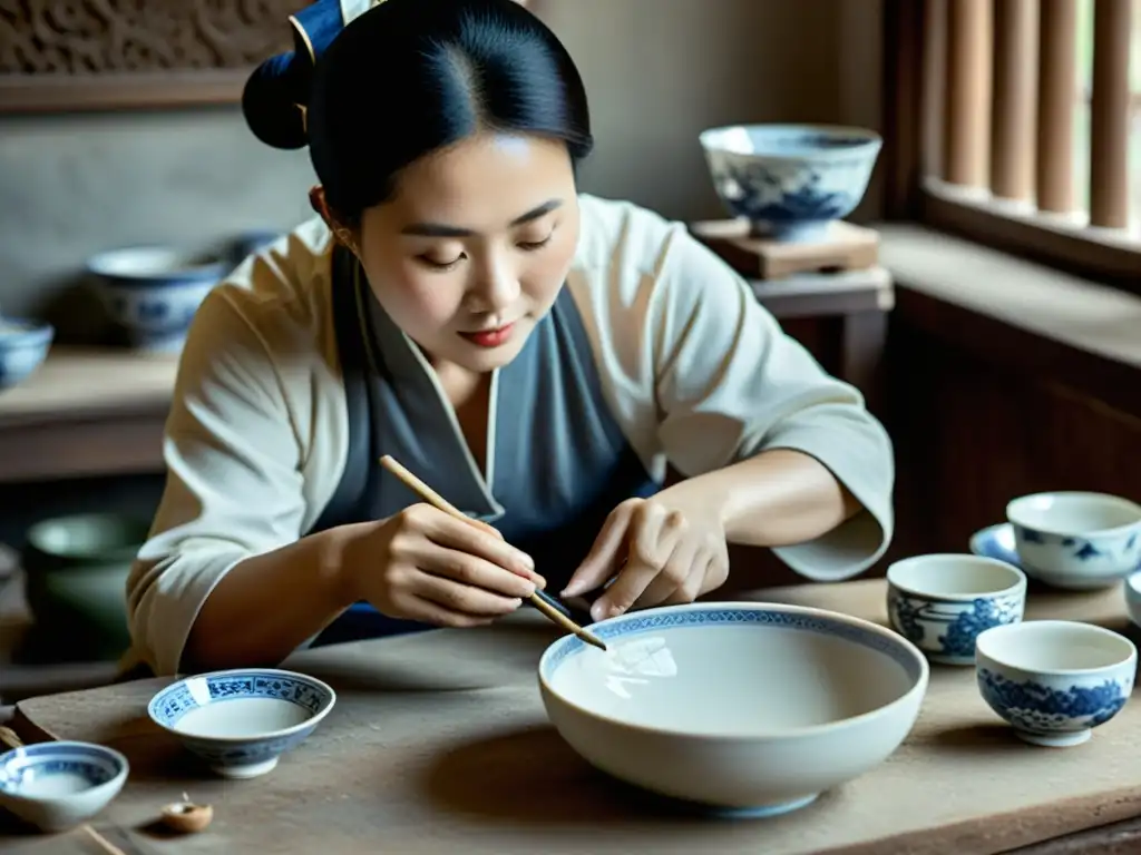 Artífices chinos pintando y esmaltando fina porcelana en un taller tradicional, mostrando la historia técnica de la fabricación de porcelana china