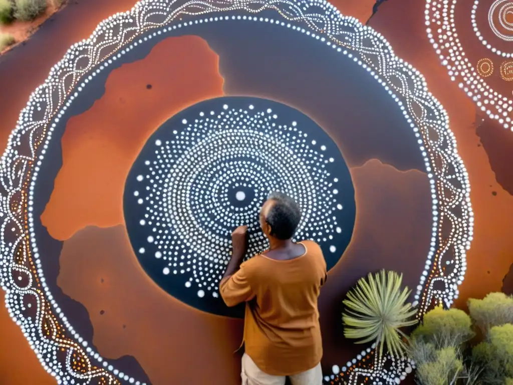 Un artista aborigen explora diseños aborígenes australianos en un lienzo, con el outback australiano de fondo