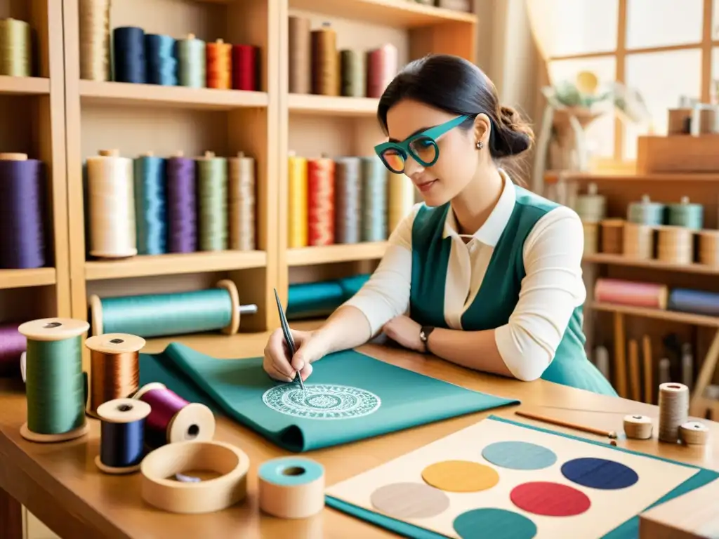 Artista del arte textil con realidad aumentada diseñando patrones en un estudio cálido y nostálgico