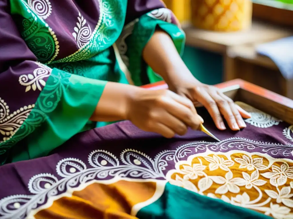 Artista aplica cera con herramienta tjanting en taller teñido batik Indonesia, mostrando la rica artesanía y tradición cultural