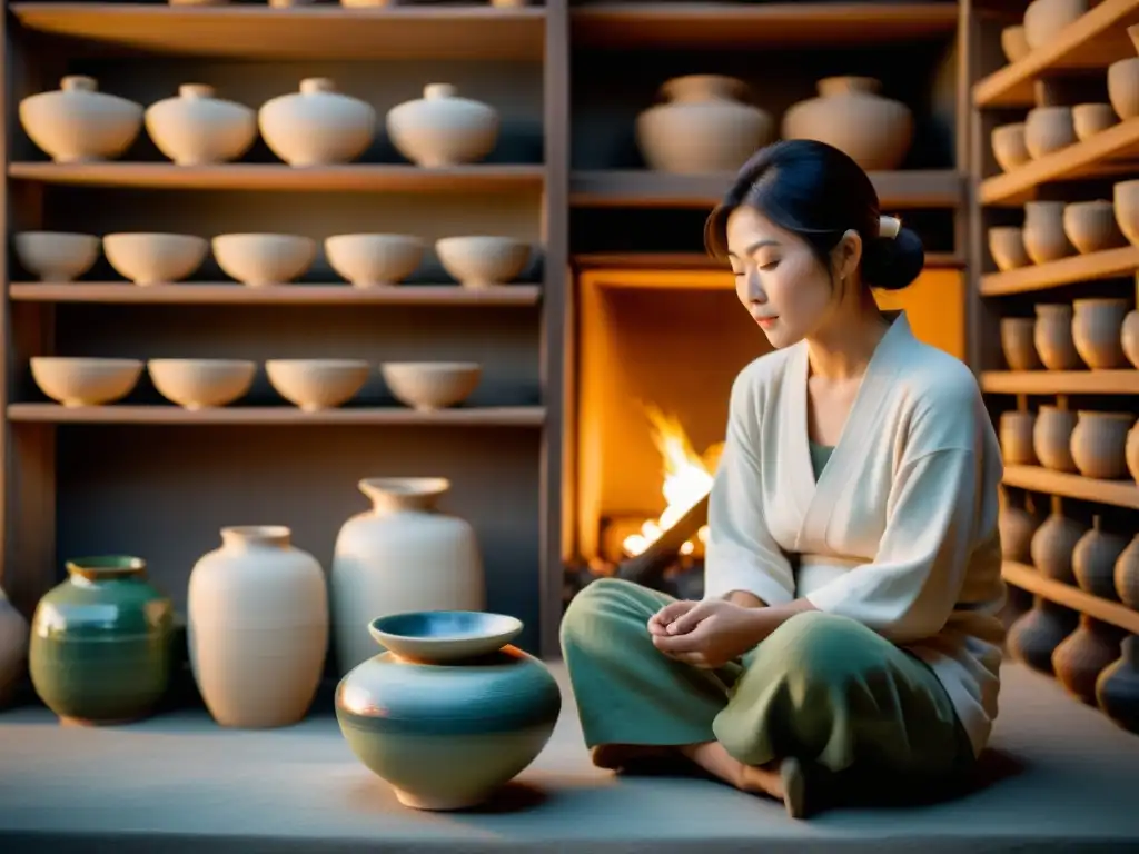 Artista de cerámica japonesa aplica esmalte en un tazón frente al horno de leña, reflejando la influencia del zen en cerámica japonesa