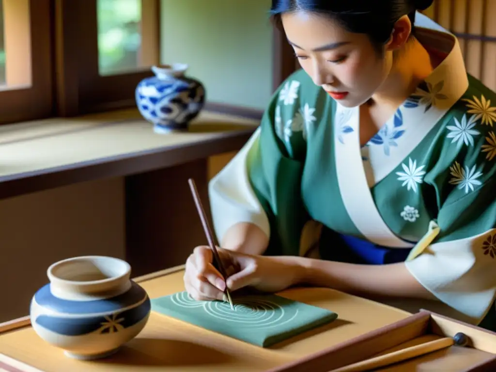 Un artista de cerámica en Kyoto, viste kimono, pinta un elegante jarrón