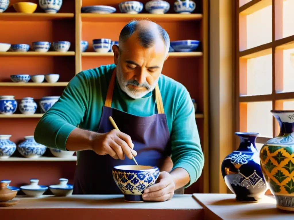 Artesano de Talavera pintando cerámica Artista en Talavera, España, pintando cerámica tradicional