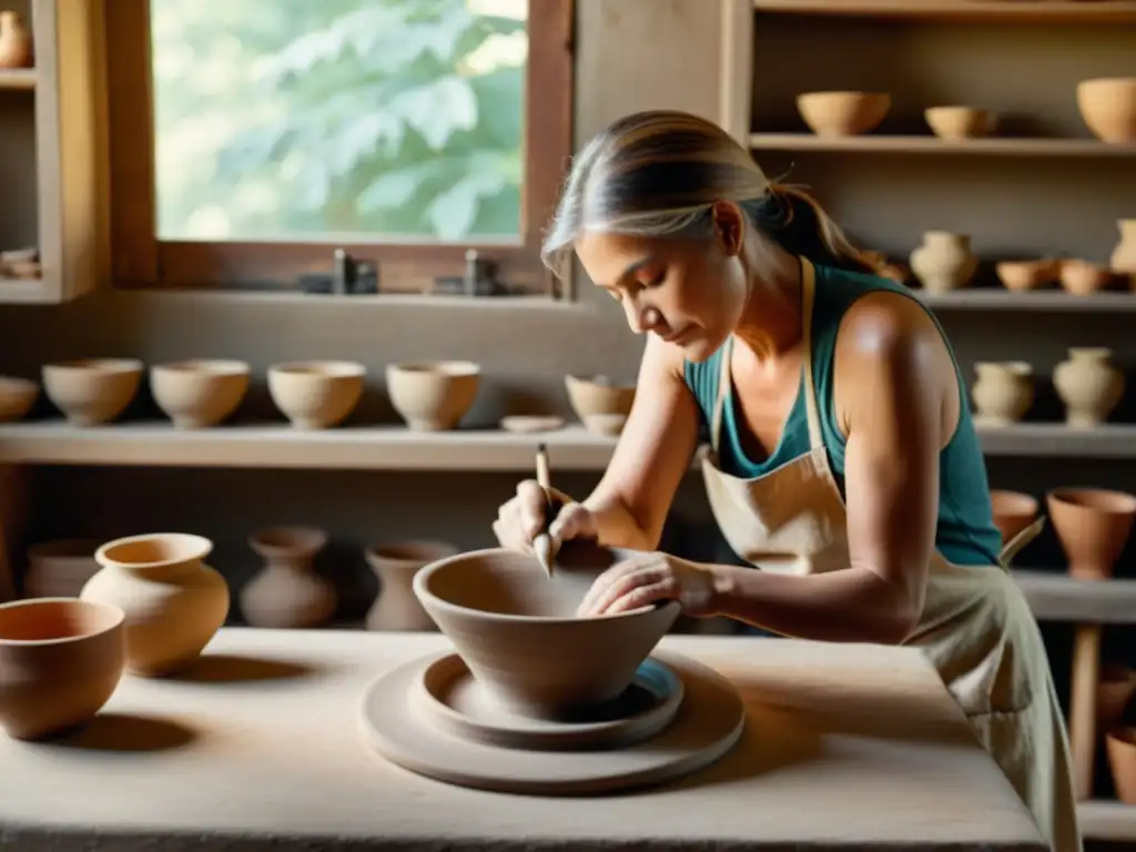 Un artista ceramista moldea con maestría la arcilla en su estudio rústico, evocando una artesanía atemporal