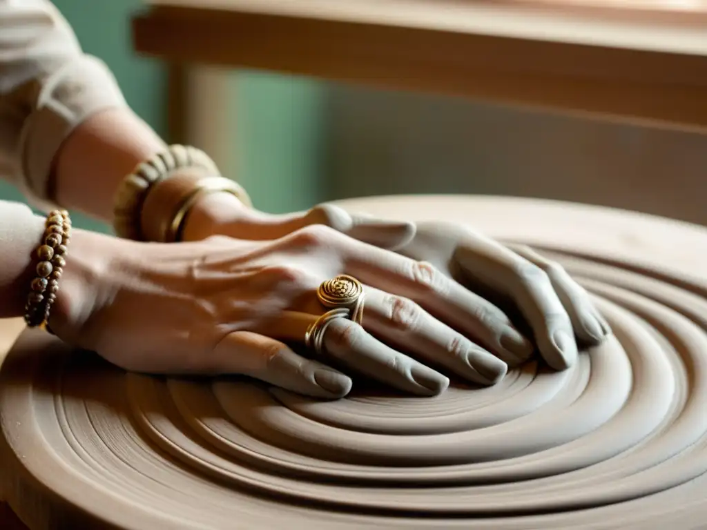 Maestría en cerámica: manos expertas moldeando una escultura de arcilla Un artista ceramista moldea con destreza una escultura de arcilla en una mesa de madera, iluminado por luz natural