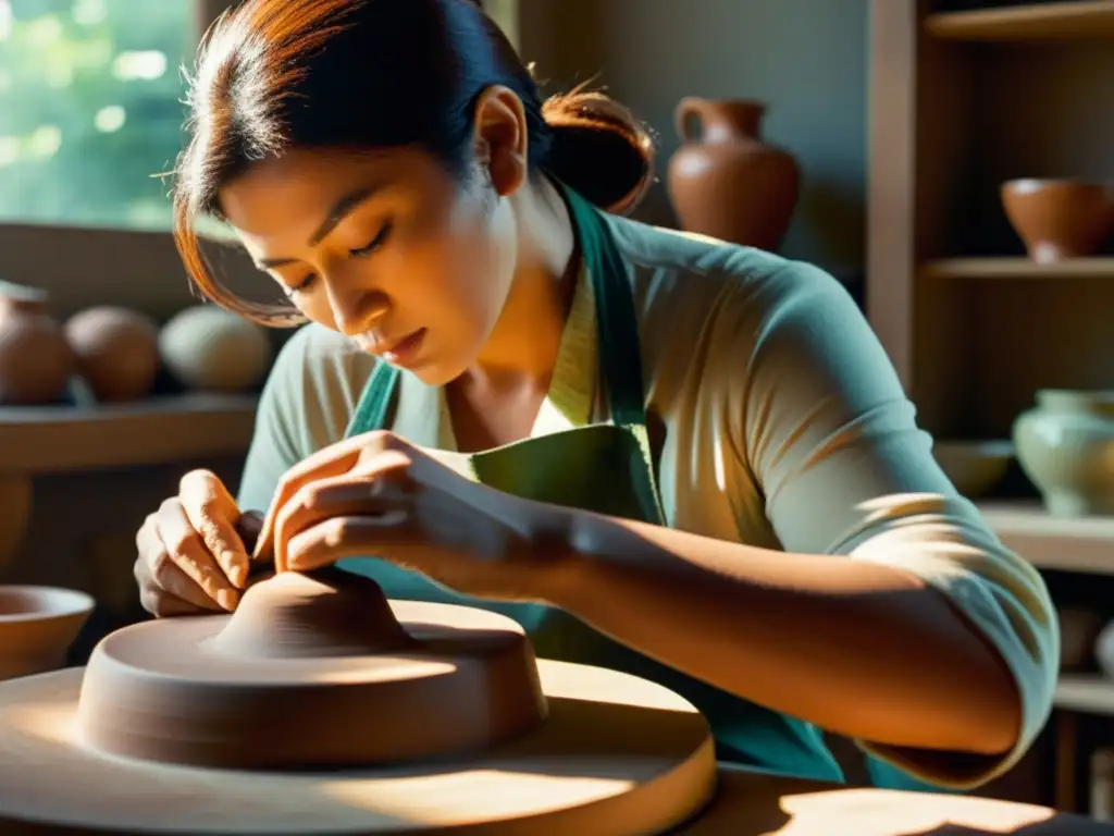 Un artista ceramista modela y esmalta una pieza única en su estudio soleado, evocando la artesanía de la cerámica de autor