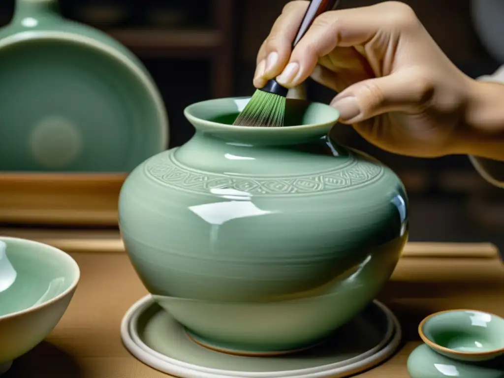 Un artista ceramista aplica con precisión el esmalte celadón a un delicado jarrón de porcelana, revelando el secreto de la coloración cerámica celadón