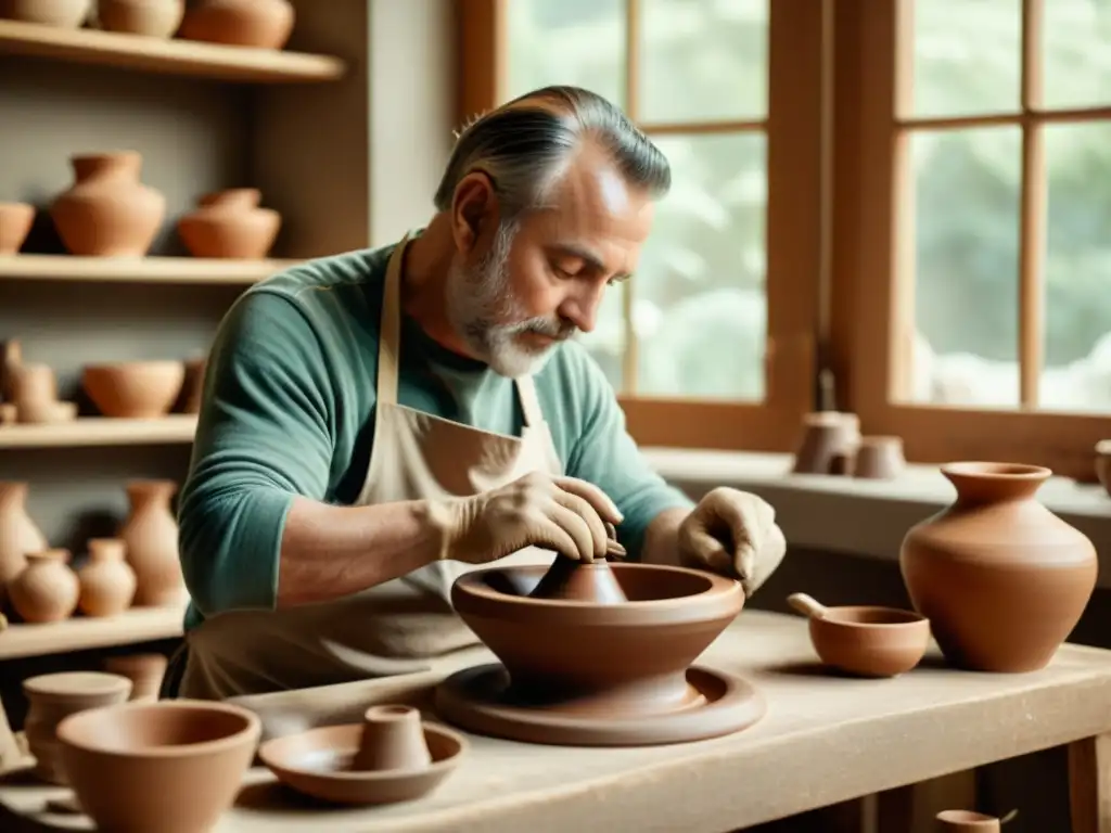 Un artista ceramista trabaja en su torno rodeado de herramientas y esculturas en progreso, capturando la esencia de la inversión en cerámica escultórica moderna