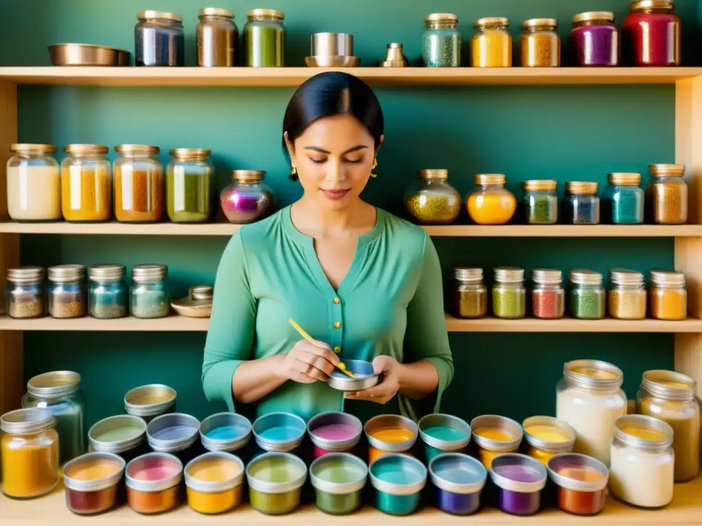 Un artista contemporáneo crea un mandala vibrante con herramientas tradicionales en un estudio cálido y cuidadosamente iluminado