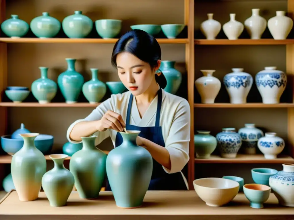 Artista coreano de la cerámica pintando detallados diseños en un delicado jarrón, rodeado de piezas ornamentales en un taller rústico iluminado por suave luz natural