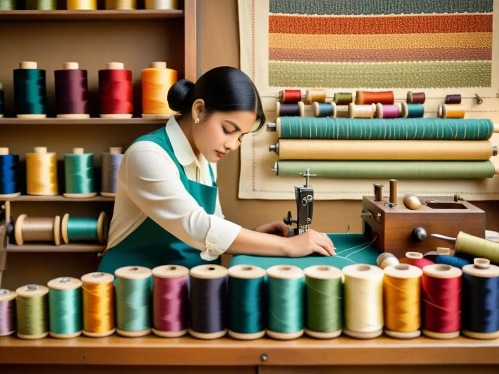 Artesano experto tejiendo un patrón textil con esmero Artista de la costura en su taller, creando patrones con destreza y dedicación artesanal