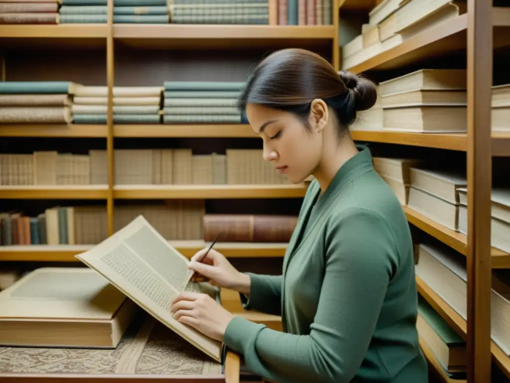 Un artista restaura con cuidado una delicada y detallada tapicería rodeado de libros antiguos sobre técnicas de preservación y restauración