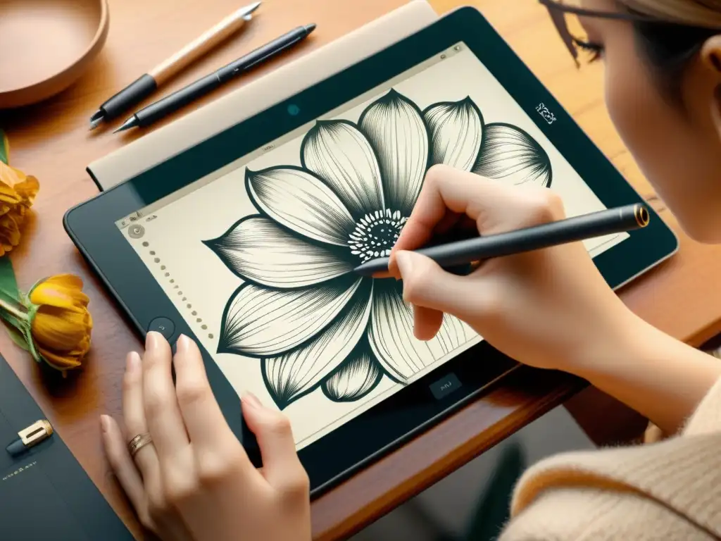 Artista retocando un dibujo de flor en tableta vintage, convirtiendo dibujos en patrones digitales con estilo nostálgico y acogedor