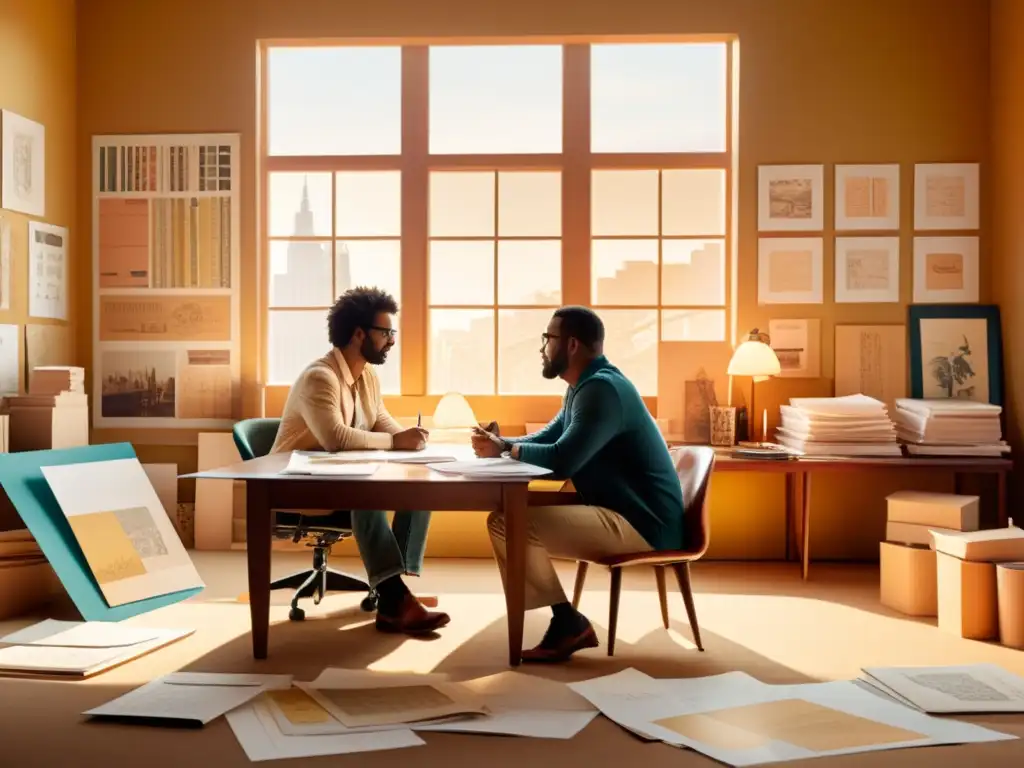 Artista y diseñador negocian contrato de licencia en ambiente cálido y profesional
