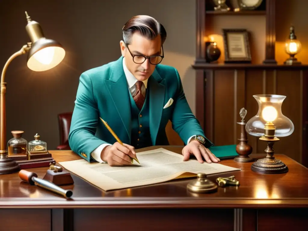 Un artista o diseñador revisa un contrato con lupa en un escritorio antiguo, rodeado de herramientas de arte vintage