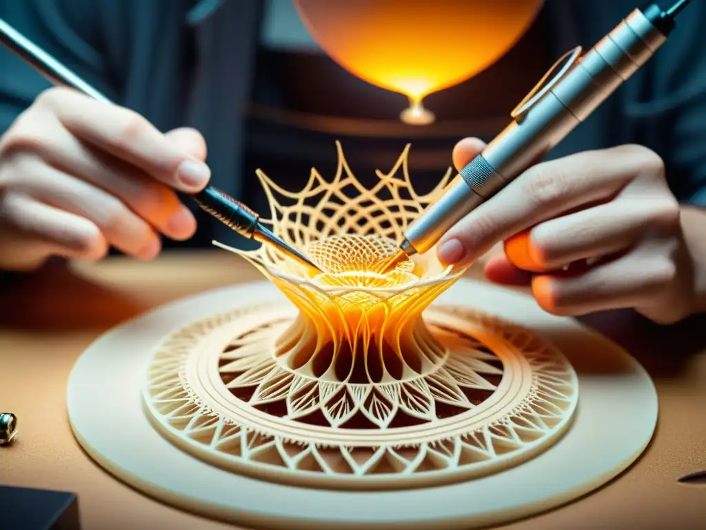 Escultor experto creando arte 3D con precisión Un artista esculpe un diseño detallado con un bolígrafo de impresión 3D, fusionando arte y ciencia