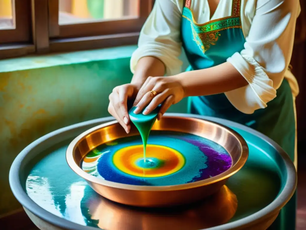 Un artista de ebru turco tradicional suelta pigmentos coloridos sobre el agua en un cuenco de cobre