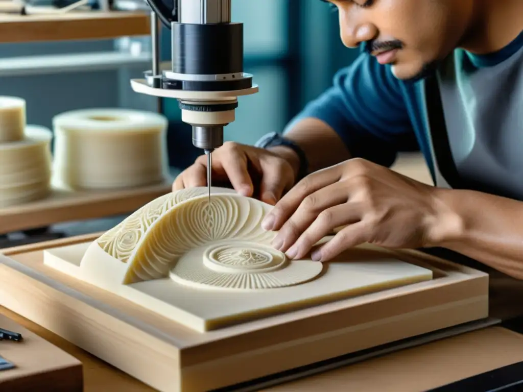 Un artista experto esculpe con cuidado un relieve detallado, con una impresora 3D creando un diseño digital al fondo