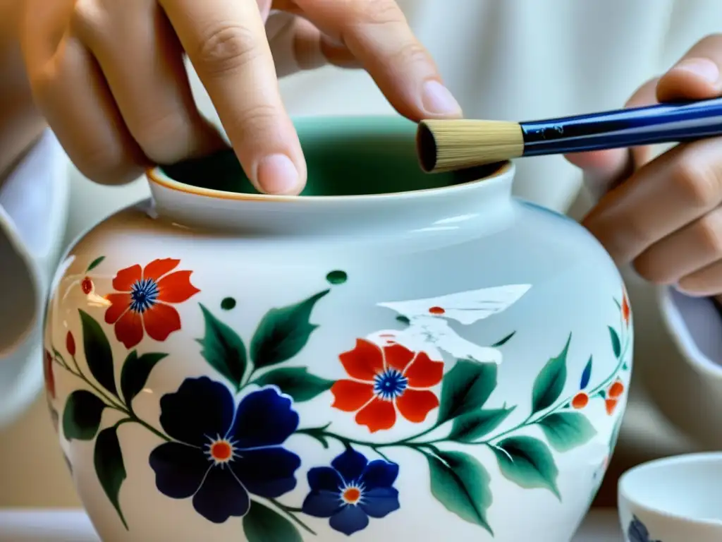 Un artista experto aplica la técnica de pintura a mano en porcelana Kakiemon, creando un exquisito diseño floral en un delicado jarrón blanco