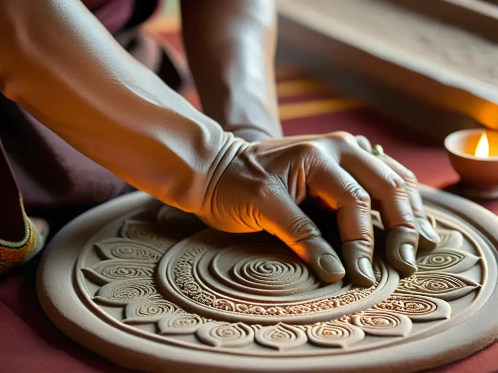 Un artista habilidoso moldea con destreza una thangka de arcilla budista, con detalles finamente esculpidos y una estética vintage cautivadora