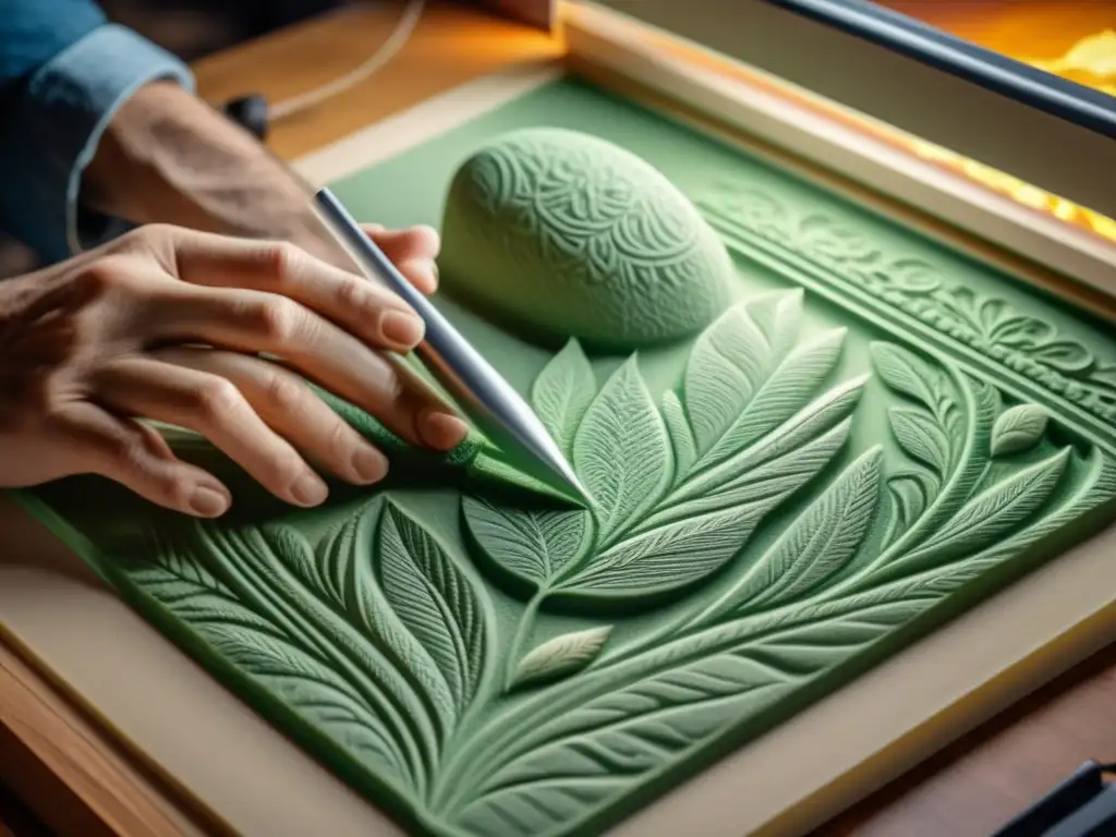 Un artista manipula herramientas digitales para crear arte en relieve con impresión 3D, evocando creatividad y destreza artesanal