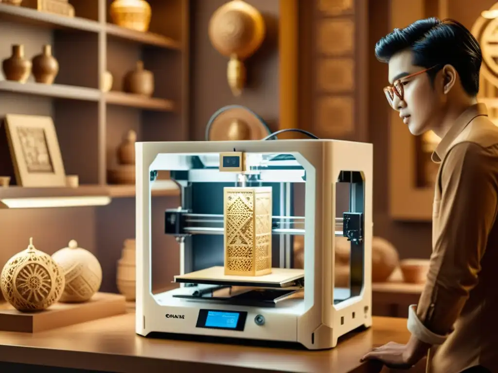 Innovación artística: escultura 3D con toque vintage Un artista usa una impresora 3D para crear una escultura, rodeado de arte y patrones históricos en la era digital