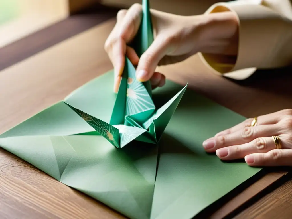 Un artista japonés de origami en Tokio, cuidadosamente dobla un grulla con patrones vibrantes en washi