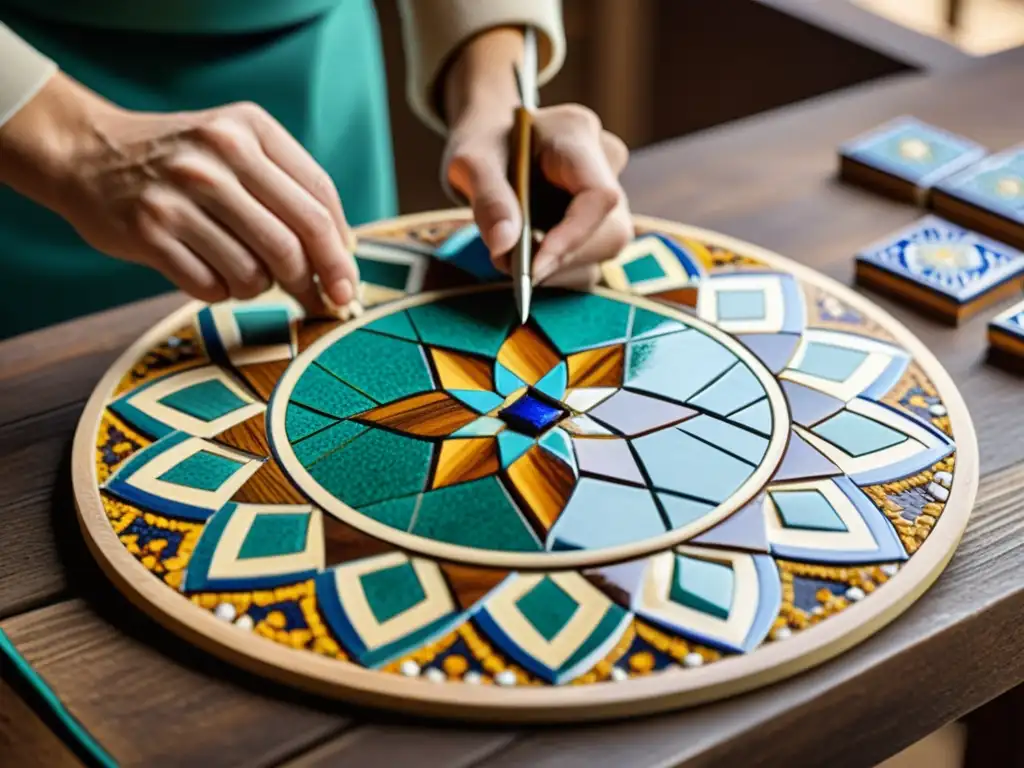 Un artista maestro crea un mosaico árabe en una mesa de madera vintage