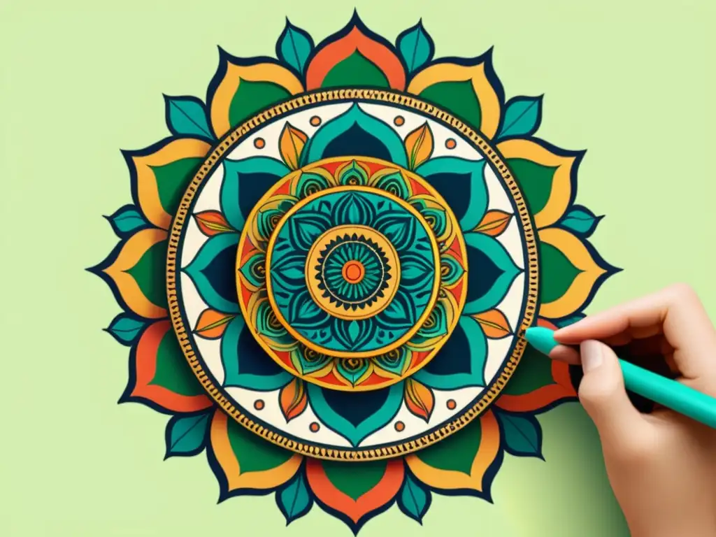 Un artista dibuja un mandala con colores vibrantes y patrones hipnóticos, capturando la esencia espiritual del diseño de mandalas