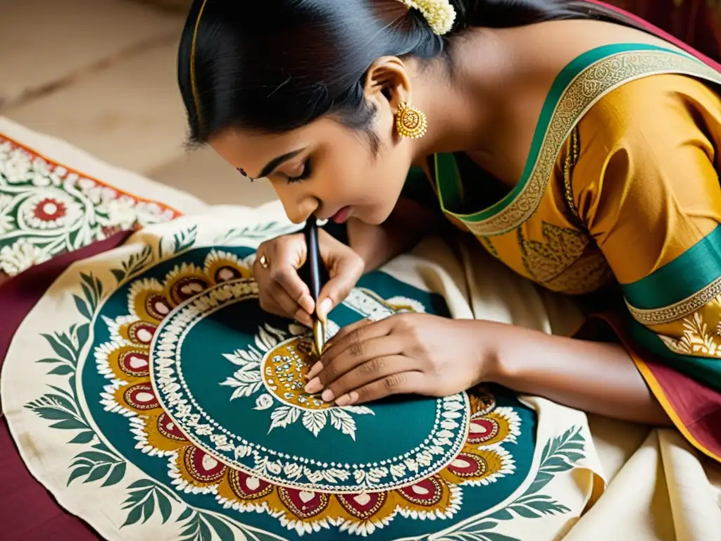 Artista pintando a mano diseños Kalamkari en tela con pincel fino, rodeado de colores vibrantes y patrones tradicionales