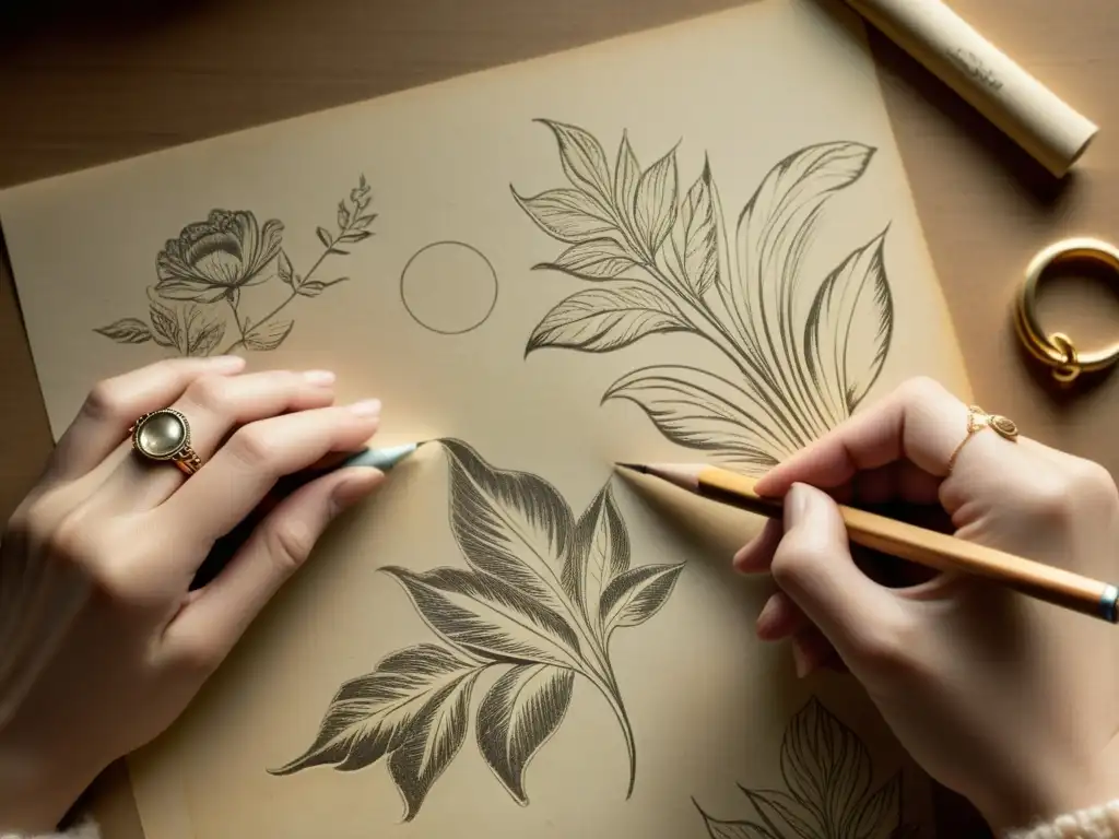 Un artista meticuloso convierte dibujos en patrones digitales, mientras sus manos delicadas trazan un detallado diseño floral en papel envejecido