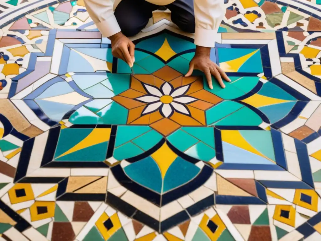 Un artista árabe meticuloso crea un impresionante mosaico en una mezquita, mostrando los métodos antiguos de creación de mosaicos árabes